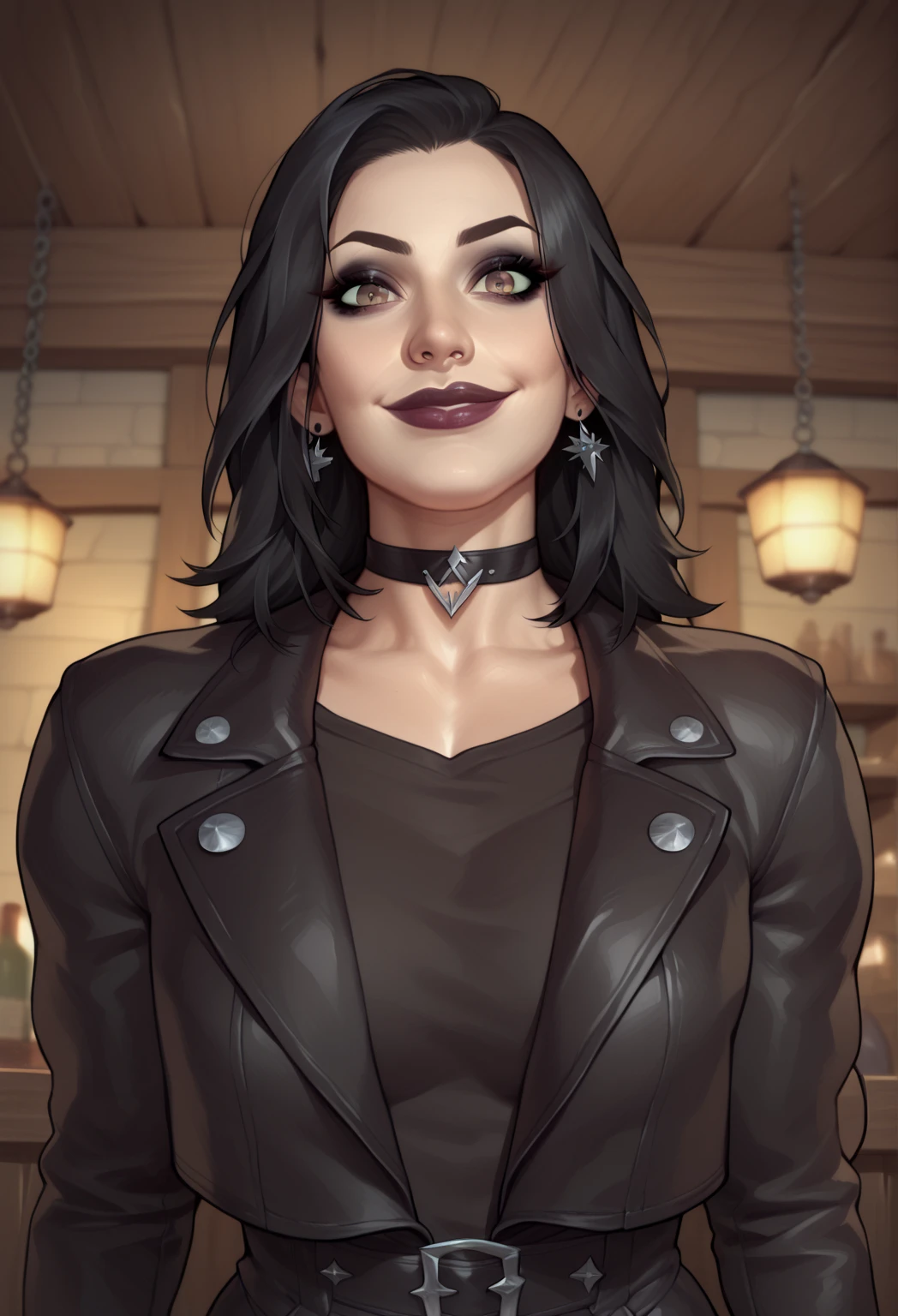 (((beautiful, high quality, comics style, detailed face))), score_9, score_8_up, score_7_up, BREAK, goth girl, pointy nose, big nose, thick lips, goth girl aesthetic, beefy, muscle, oversized leather jacket, sexy face with full makeup, crazy smile, wearing black choker, black hair and large eyes, BREAK, solo:1.4, looking at the viewer, front view, from below, tavern, fantasy, blurred background, (dynamic lighting:1.1) ((masterpiece)), Expressiveh, detailx