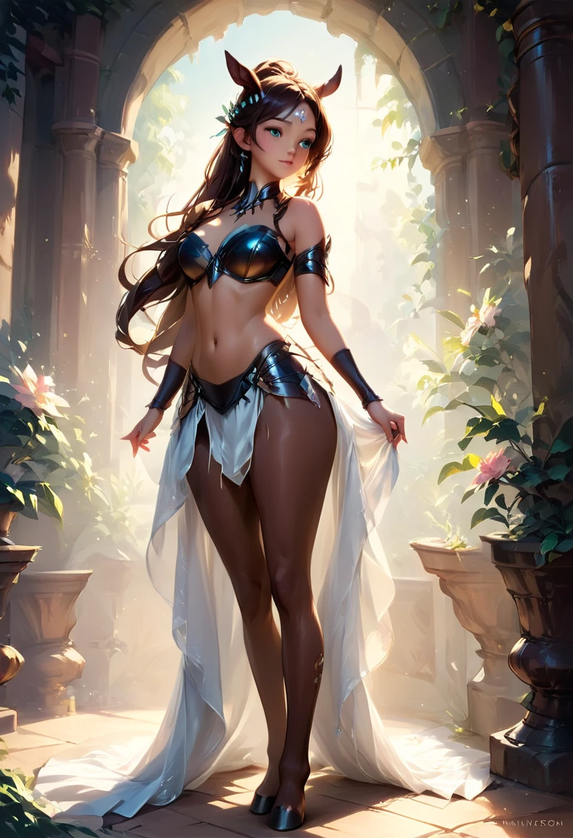 beautiful, Mischievous centaur queen dark fantasy style. corset. soft firm breasts. attractive breasts.. fit. ninble. curvy The artwork is a highly detailed, award-winning digital painting, blending elements of realistic fantasy art, polished 2D vector illustration, and concept art, inspired by the styles of WLOP and Artgerm. The composition features sharp focus, intricate textures, and a refined, elegant aesthetic
