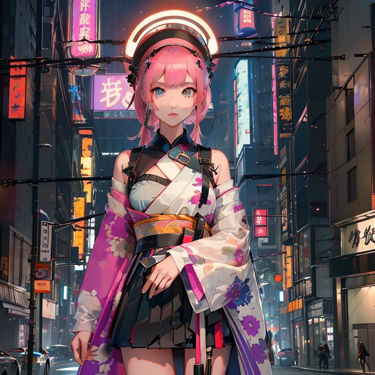 (( top quality )), ((傑 top quality 、masterpiece、High sensitivity、       high definition      、    detailed description    、 delicate face )),   Slender Woman、Glass、  New Year、    miniskirt、Mayonnaise sign on background 、    cyberpunk、 Hair color:  pink 、On the chest（myo）  characters、kimono、
