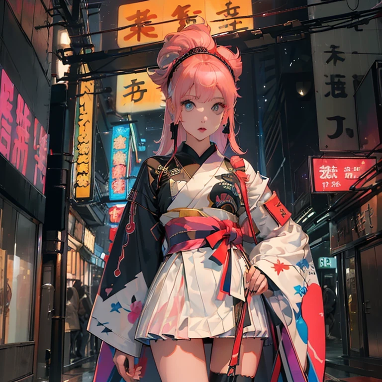 (( top quality )), ((傑 top quality 、masterpiece、High sensitivity、       high definition      、    detailed description    、 delicate face )),   Slender Woman、Glass、  New Year、    miniskirt、Mayonnaise sign on background 、    cyberpunk、 Hair color:  pink 、On the chest（myo）  characters、kimono、
