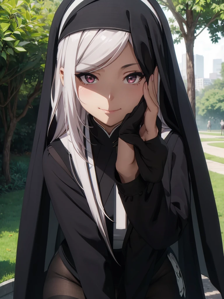 1girl, Masterpiece, Blush, Smile, Looking at viewer, Black leotard , outdoor, park, Black pantyhose, Black Long Glove, day, White Hair, nun veil, mouth veil, 