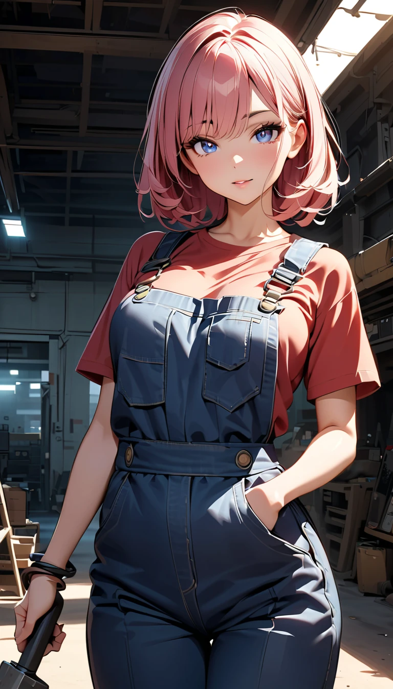 corner of warehouse、beautiful girl wearing glasses、drooping eyes、big breasts、One eye is hidden、low twintails、green hair、Wearing overalls、T-shirt、standing position、Odeco is visible、