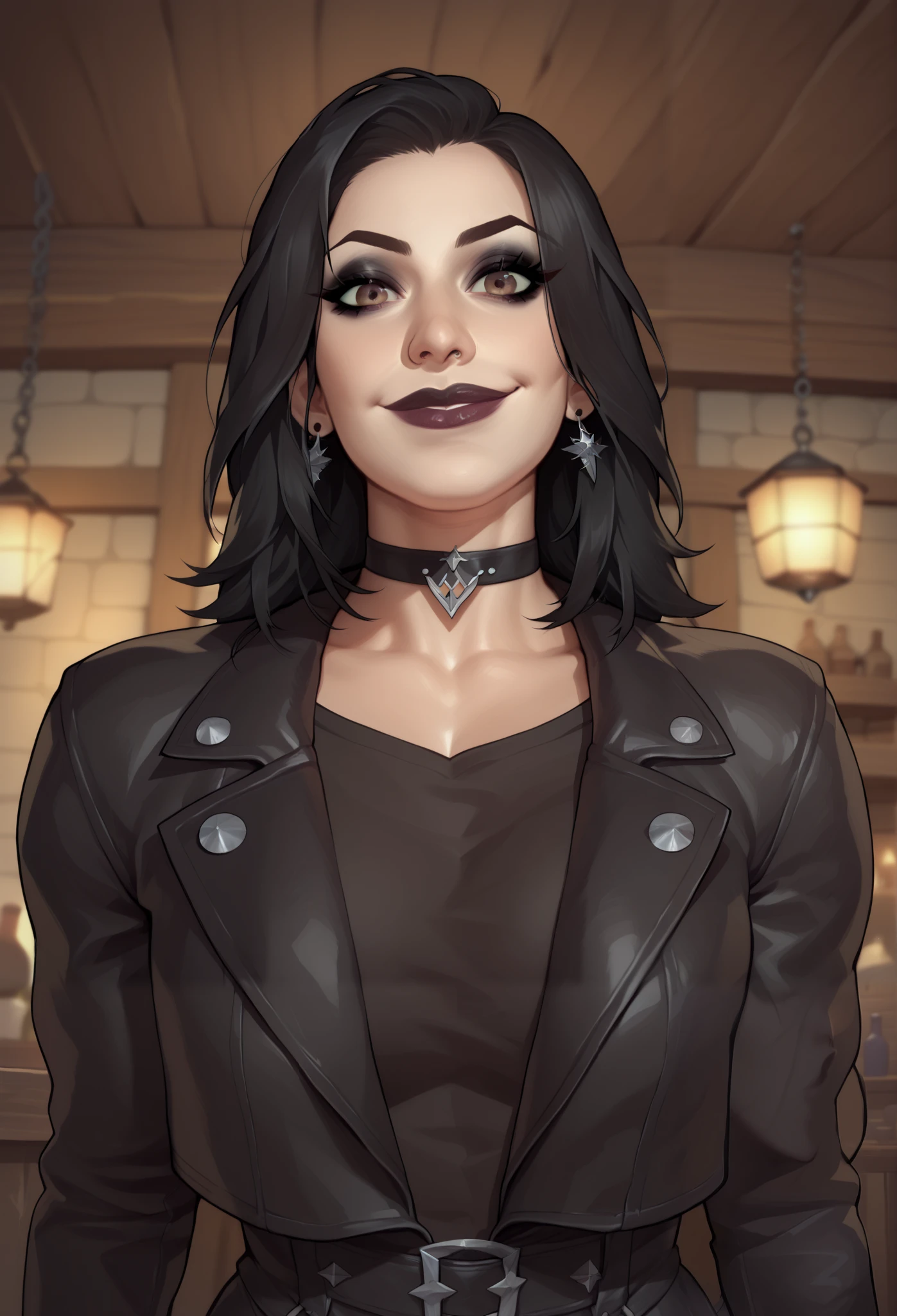 (((beautiful, high quality, comics style, detailed face))), score_9, score_8_up, score_7_up, BREAK, goth girl, pointy nose, big nose, thick lips, goth girl aesthetic, beefy, muscle, oversized leather jacket, sexy face with full makeup, crazy smile, wearing black choker, black hair and large eyes, BREAK, solo:1.4, looking at the viewer, front view, from below, tavern, fantasy, blurred background, (dynamic lighting:1.1) ((masterpiece)), Expressiveh, detailx