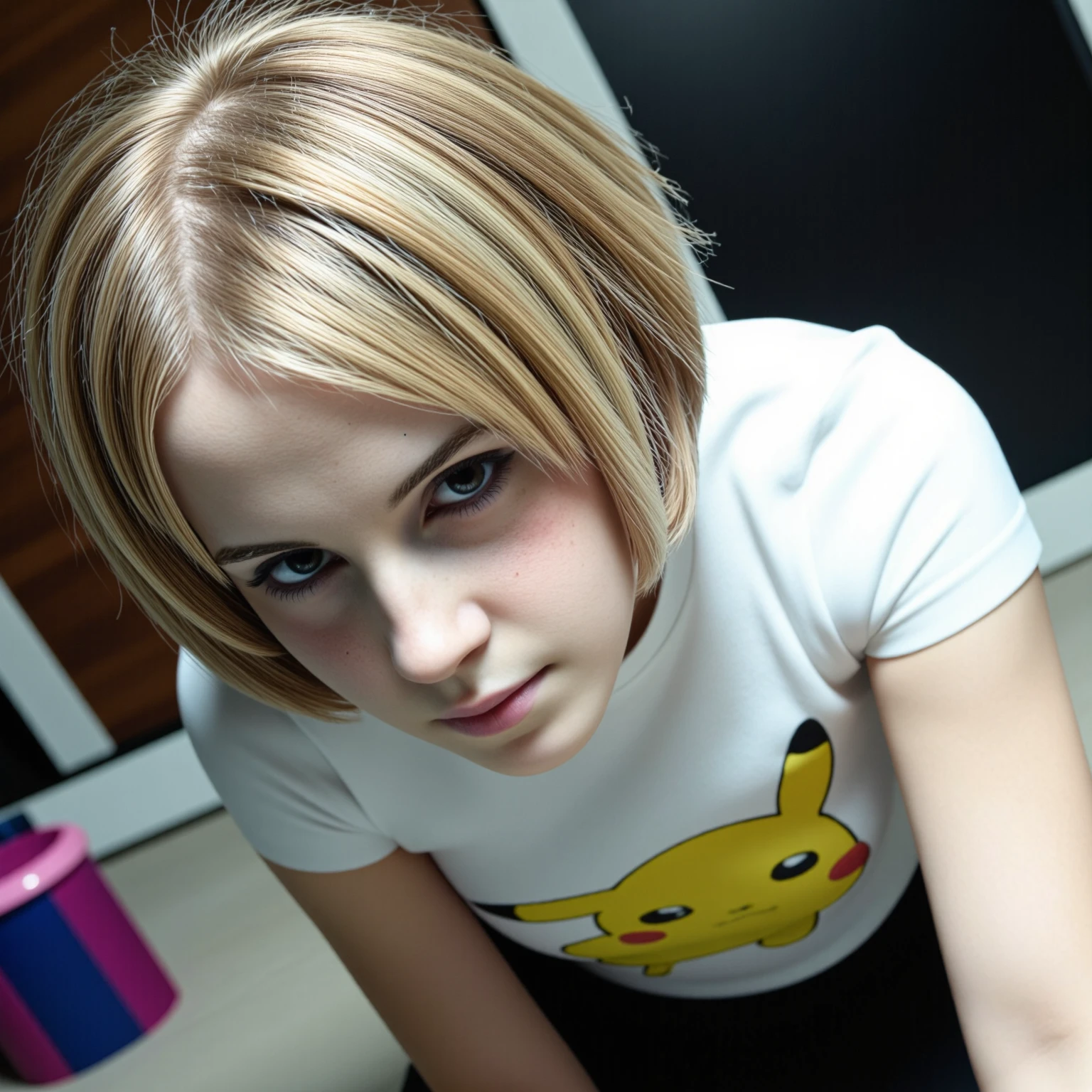 amateurish photo, s3lfi3, low lighting, overexposed, eerie atmosphere, smeared background, small breasted emo emma watson, 20yo,  close-up, pikachu t-shirt, (graphic t-shirt with stretched graphic, tight t-shirt), photorealistic, low-angle selfie photograph, natural complexion, dark brown eyes, blonde emo hairstyle with blue streaks, heavy eyeliner, Messy room, Mirror selfie, holding cellphone