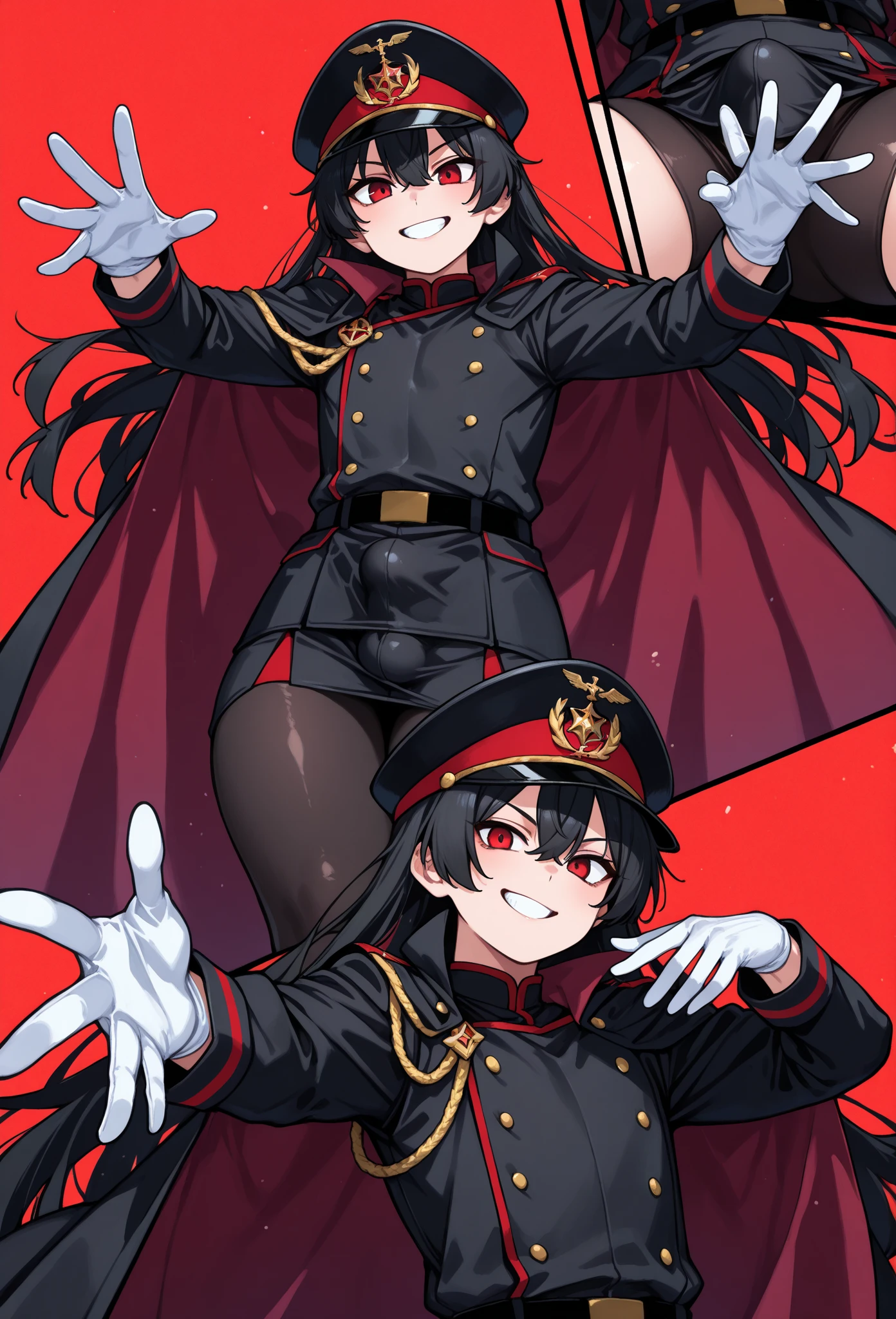  1boy, femboy, androgyn, long hair, black hair, red eyes, peaked cap, military uniform, cape, jewelry, white gloves, relaxing, smile, grin, teeth , androgynous body, tight clothing, (black uniform), ((dynamic pose)), 1 boy , femboy, skirt black short , bulge