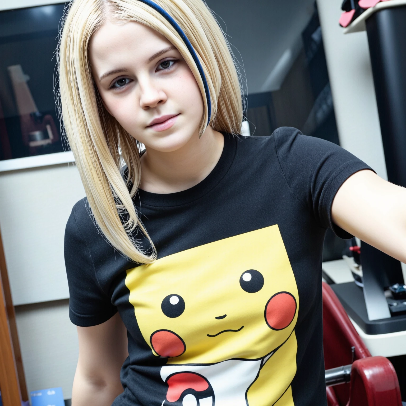 amateurish photo, s3lfi3, low lighting, overexposed, eerie atmosphere, smeared background, small breasted emo emma watson, 20yo,  close-up, pikachu t-shirt, (graphic t-shirt with stretched graphic, tight t-shirt), photorealistic, low-angle selfie photograph, natural complexion, dark brown eyes, blonde emo hairstyle with blue streaks, heavy eyeliner, Messy room, Mirror selfie, holding cellphone