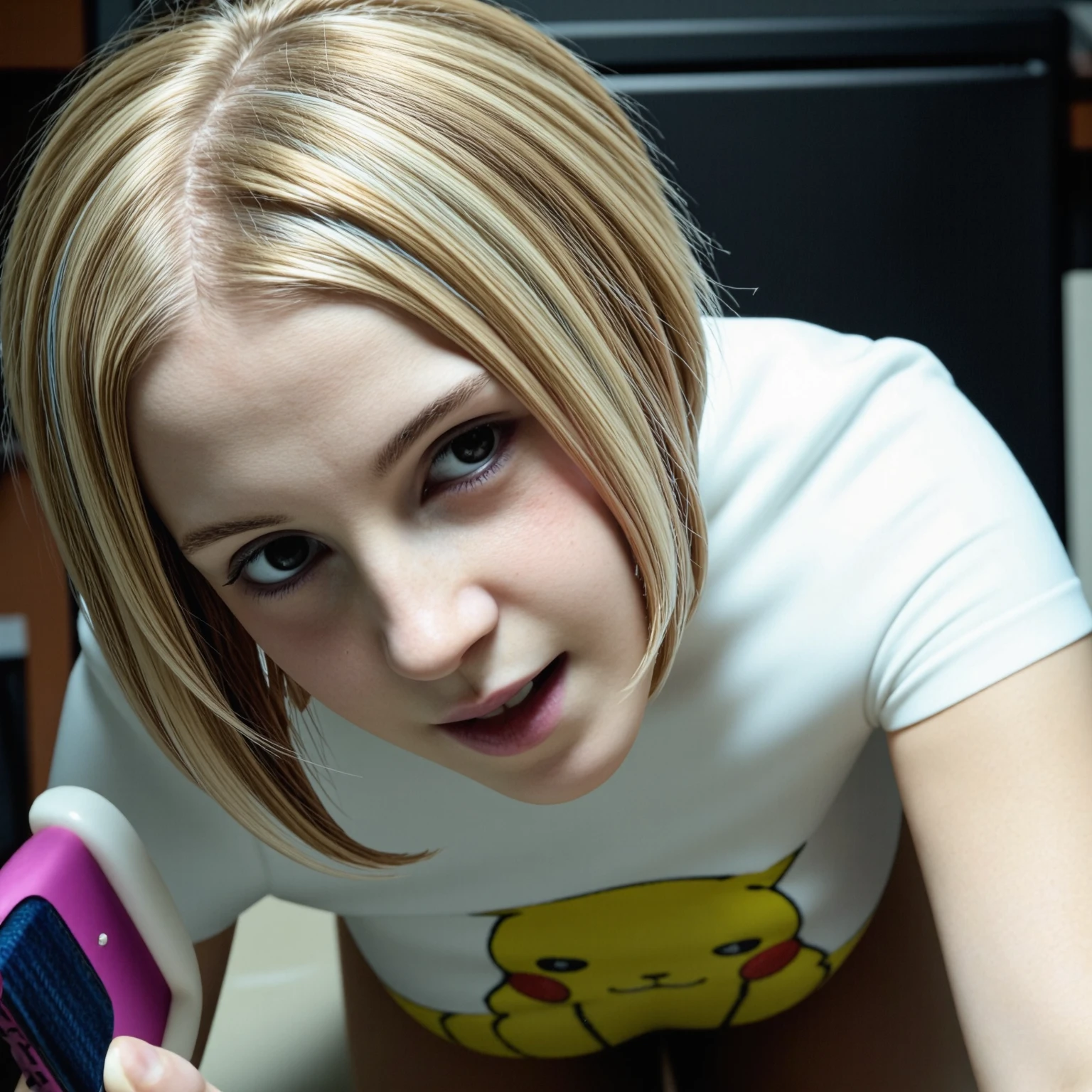 amateurish photo, s3lfi3, low lighting, overexposed, eerie atmosphere, smeared background, small breasted emo emma watson, 20yo,  close-up, pikachu t-shirt, (graphic t-shirt with stretched graphic, tight t-shirt), photorealistic, low-angle selfie photograph, natural complexion, dark brown eyes, blonde emo hairstyle with blue streaks, heavy eyeliner, Messy room, Mirror selfie, holding cellphone