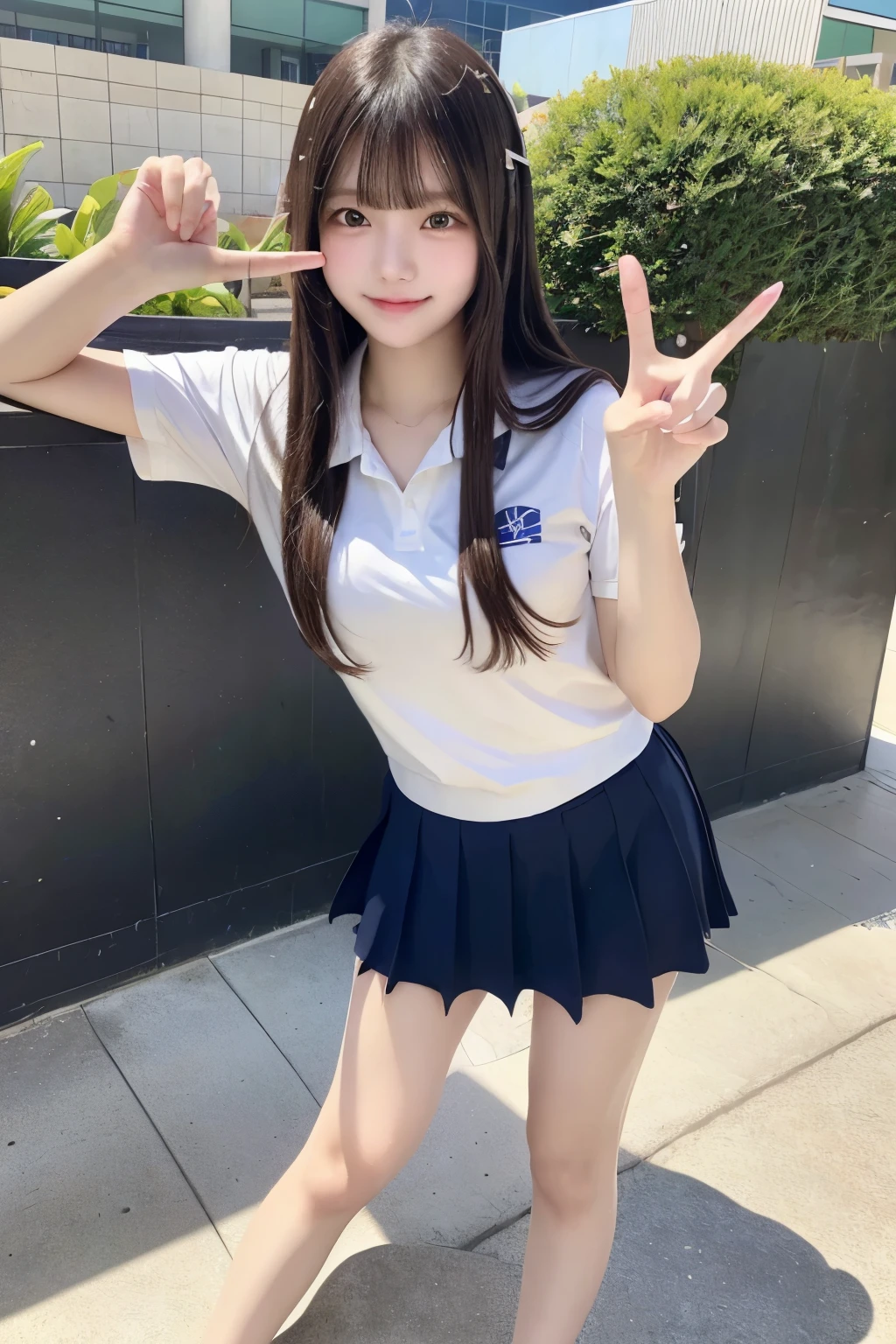 high school student　sweat skin　medium hair　straight hair　blunt bangs　black hair　twinkle(in the eyes)　Cheeky smirk　summer　school uniform　 {school pool} full body　barefoot {standing} {leaning forward}　in the noon,lunch tiime　sunny　peace sign hand on own hip Feet Apart