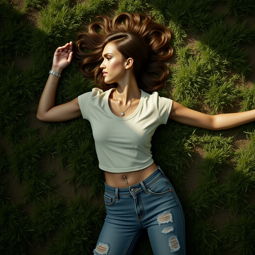 Top-down, photorealistic view of a beautiful woman lying unconscious on lush, green grass. Her arms are stretched out gracefully, legs slightly bent at the knees, with her hair tangled and spread around her head. She wears a sleek, white t-shirt and distressed blue jeans, with a small, delicate silver pendant visibly catching the light on her neck. Subtle injuries, like scrapes and bruises, mark her skin, contributing to a narrative of vulnerability and intrigue. Her expression is serene, eyes softly closed, suggesting a peaceful yet haunting scene. The setting is bathed in the golden hour light, with sunlight filtering through nearby trees, creating a pattern of dappled shadows across her body and the surrounding grass. Emphasize the ultra-realistic textures of both the grass and fabric, capturing every detail in a cinematic composition that balances beauty with a sense of urgency.
