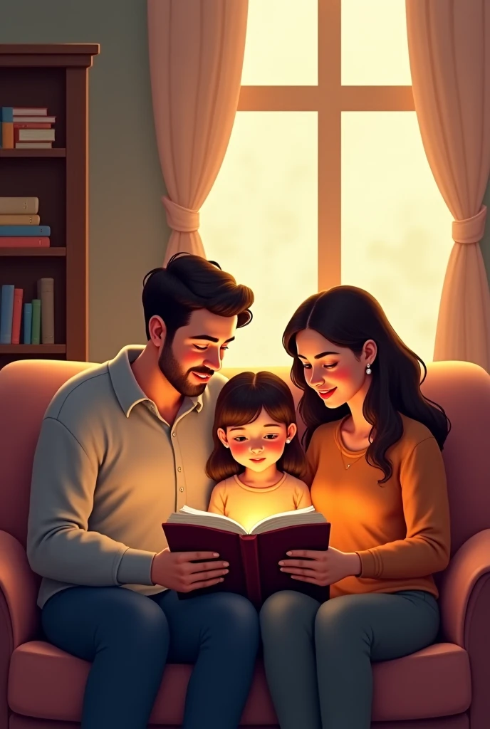 An animated picture: A family of three is cozy in their living room, with the father reading a story to the girl. The mother is sitting nearby, listening attentively