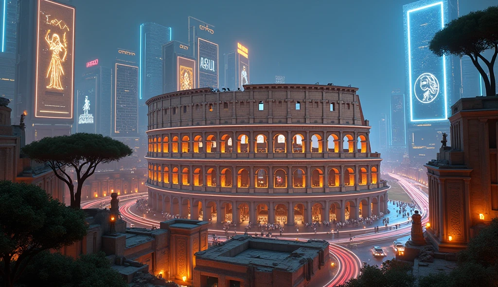 A breathtaking futuristic skyline of Rome at night, where ancient ...