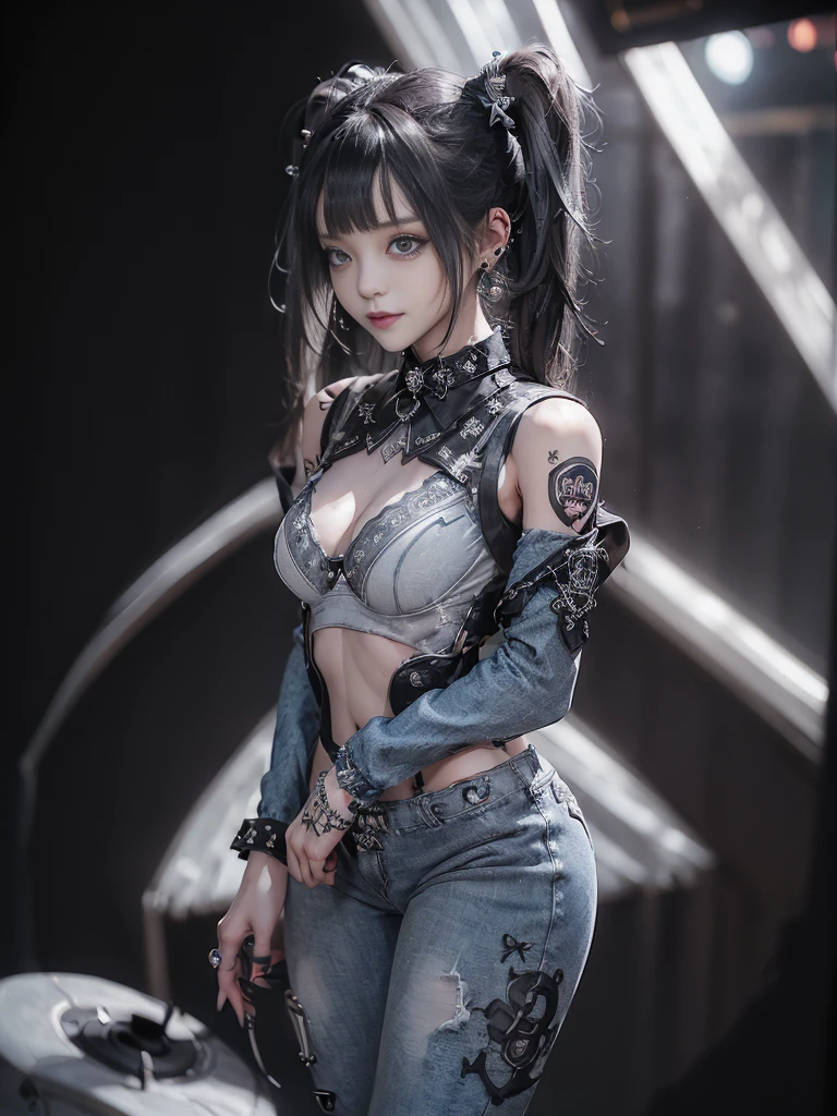 (Full Body View:1.5)、(lotus position:1.4)、(Smiling with teeth showing:1.3),(Shibuya Gal:1.5)、(Gothic Lolita style fashion:1.5)、(Punk RockVisual Kei:1.5)、(Wearing a rhythmic gymnastics bodysuit with intricate details:1.4)、(Racing suit and pants with intricate decorations in white, denim and charcoal:1.5)、(Denim and light blue and white boots:1.3)、((belt))、(Numerous delicate logo marks all over the costume:1.4)、(collar:1.3)、(Striped underwear:1.5)、20-year-old、NSFW、((Highest quality、In 8K、masterpiece:1.3))、Sharp focus:1.2、(Layered Cut、Huge boobs:1.1),Beautiful woman with perfect figure:1.4、(Dancing vigorously:1.3)、Slender Abs:1.2、Highly detailed face and skin texture、Detailed eyes、double eyelid,(Twin tails:1.3)、(Dark silver hair:1.3)、Gravure idol、(The background is the stage of the fashion show:1.3)、(Slim body:1.3),(Make your legs thinner:1.4),(clavicle:1.1)、(Thin and slim thighs:1.3)