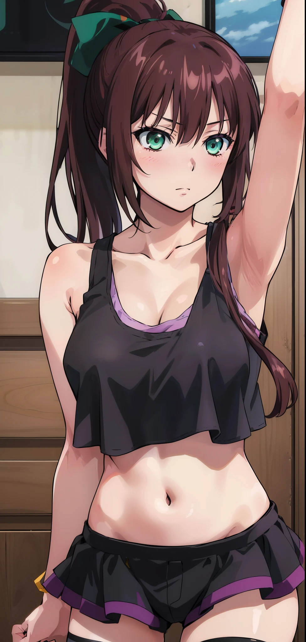 masterpiece, best quality,1girl,solo,kirasaka sayaka,brown hair,long hair,ponytail, hair ribbon, green eyes,,purple thighhighs, wariza, (cropped tank top). Manga panels. MangaHentaiStyleConceptv2