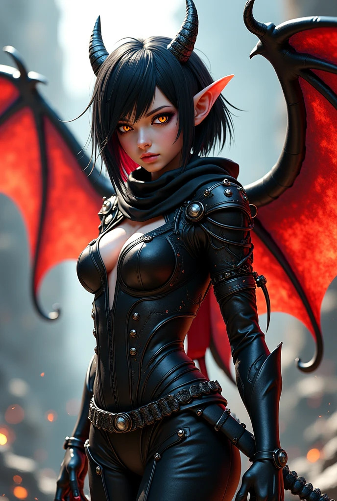 (High Detail:1.2) Anime Girl, (Best quality, Detailed), (dark and angry, gravelly:1.3, dark:1.2), 1girl, (solo), ILLIDAN, World of Warcraft, (Demonic wings, pointed horns:1.3, dark black skin), two blades of Azzinoth, short bob hair, black hair, yellow eyes, tanned skin, sinister, intense look, background dark, Volumetric light, hyper realistic, super detailed, Dynamic pose, (very sexy body, detailed face, detailed eyes, masterpiece, highly detailed, 8k, best quality, vibrant colors, digital art, concept art)