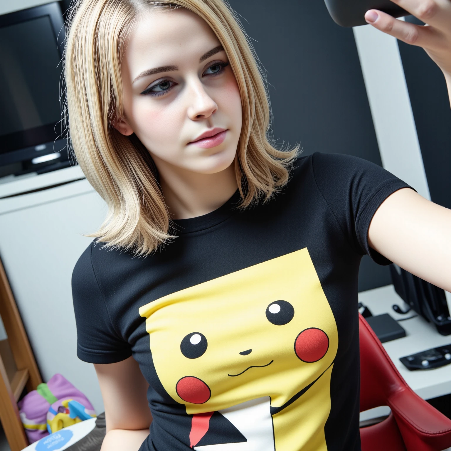 amateurish photo, s3lfi3, low lighting, overexposed, eerie atmosphere, smeared background, small breasted emo emma watson, 20yo,  close-up, pikachu t-shirt, (graphic t-shirt with stretched graphic, tight t-shirt), photorealistic, low-angle selfie photograph, natural complexion, dark brown eyes, blonde emo hairstyle with blue streaks, heavy eyeliner, Messy room, Mirror selfie, holding cellphone