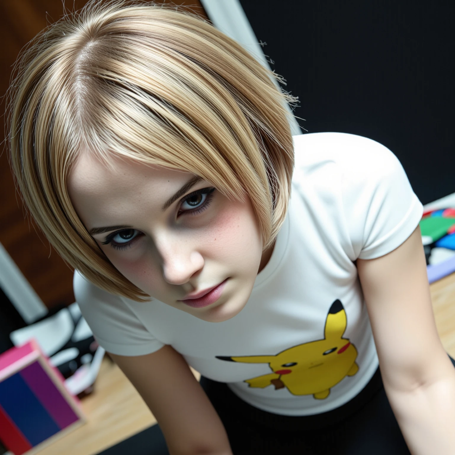 amateurish photo, s3lfi3, low lighting, overexposed, eerie atmosphere, smeared background, small breasted emo emma watson, 20yo,  close-up, pikachu t-shirt, (graphic t-shirt with stretched graphic, tight t-shirt), photorealistic, low-angle selfie photograph, natural complexion, dark brown eyes, blonde emo hairstyle with blue streaks, heavy eyeliner, Messy room, Mirror selfie, holding cellphone