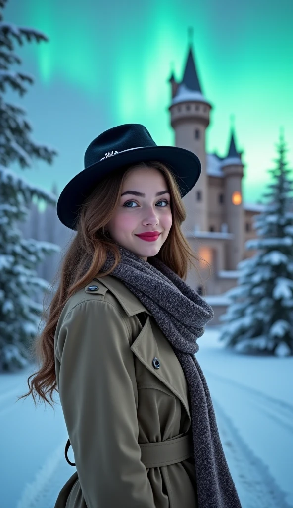 8k, photo, a woman, hat, scarf, cute grin, trench coat, boots, standing, snowy castle, aurora, ultra detailed, masterepice