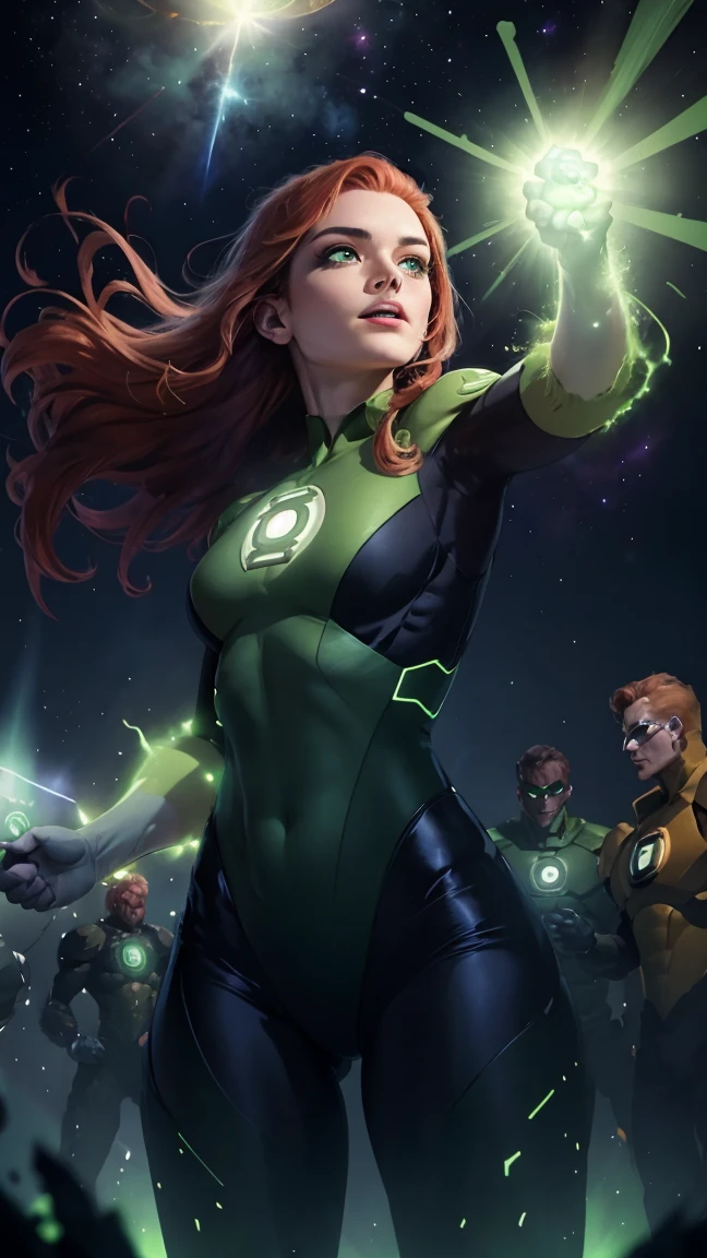 Highly detailed, cinematic, realistic. A stunning redheaded woman as a Green Lantern, her long, fiery red hair flowing dramatically behind her. She wears a sleek, glowing green and black Green Lantern uniform, intricately designed with subtle engravings of the Lantern Corps symbol across her chest. Her luminous green eyes match the radiant glow of the power ring on her finger, which emits an otherworldly green light, swirling with energy.

She is posed mid-flight in a dynamic action stance, her hand extended as she conjures a massive, glowing construct of an ornate shield and energy blades. The background is a vibrant intergalactic scene featuring a breathtaking nebula in shades of green and blue, with distant planets and glowing stars illuminating the cosmic expanse. Below her, a futuristic alien city with towering spires and glowing pathways stretches across the horizon, its inhabitants looking up in awe.