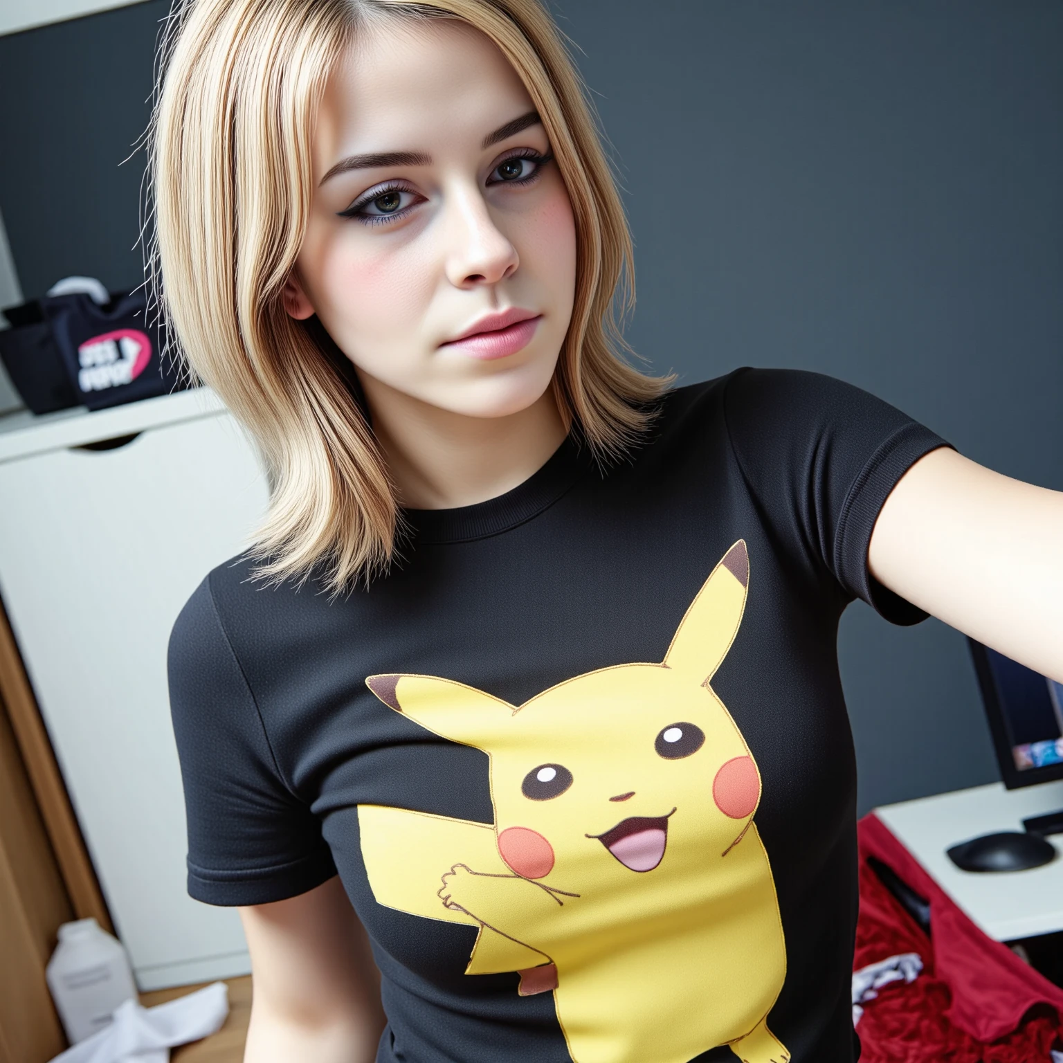 amateurish photo, s3lfi3, low lighting, overexposed, eerie atmosphere, smeared background, small breasted emo emma watson, 20yo,  close-up, pikachu t-shirt, (graphic t-shirt with stretched graphic, tight t-shirt), photorealistic, low-angle selfie photograph, natural complexion, dark brown eyes, blonde emo hairstyle with blue streaks, heavy eyeliner, Messy room, Mirror selfie, holding cellphone