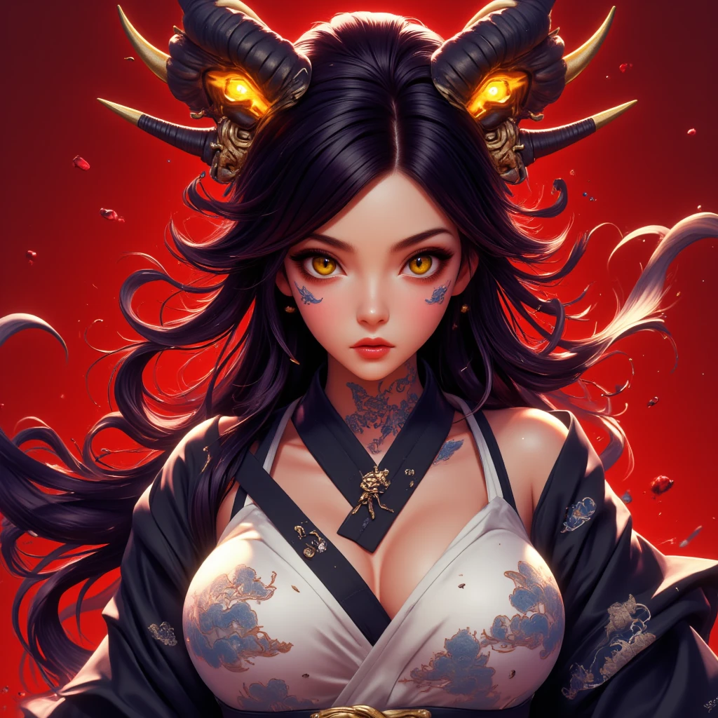 score_9, score_8_up, score_7_up, 1 girl, (cute 20 year old girl), fit body, dragon tattoos, oni horns, (short kimono, oni mask sideways on head, samurai sword), long eyelashes, long hair, large breasts, cleavage, blushing, beauty, (dragon in background)