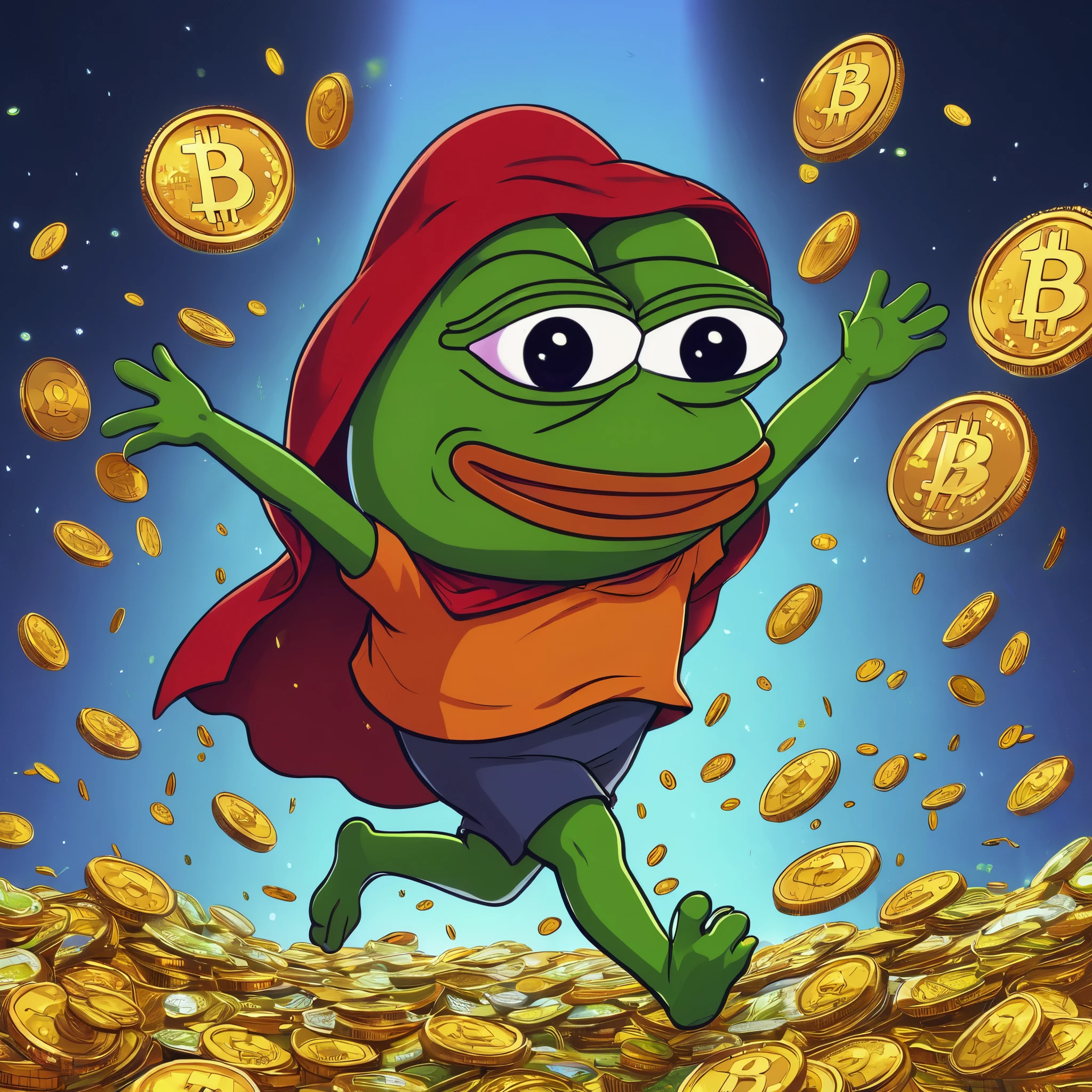   cartoon Pepe ，peperFrog ，With a cape，Running with coins , Ultra flat ,   Pepe the super rich frog,  export Bitcoin scattered around 