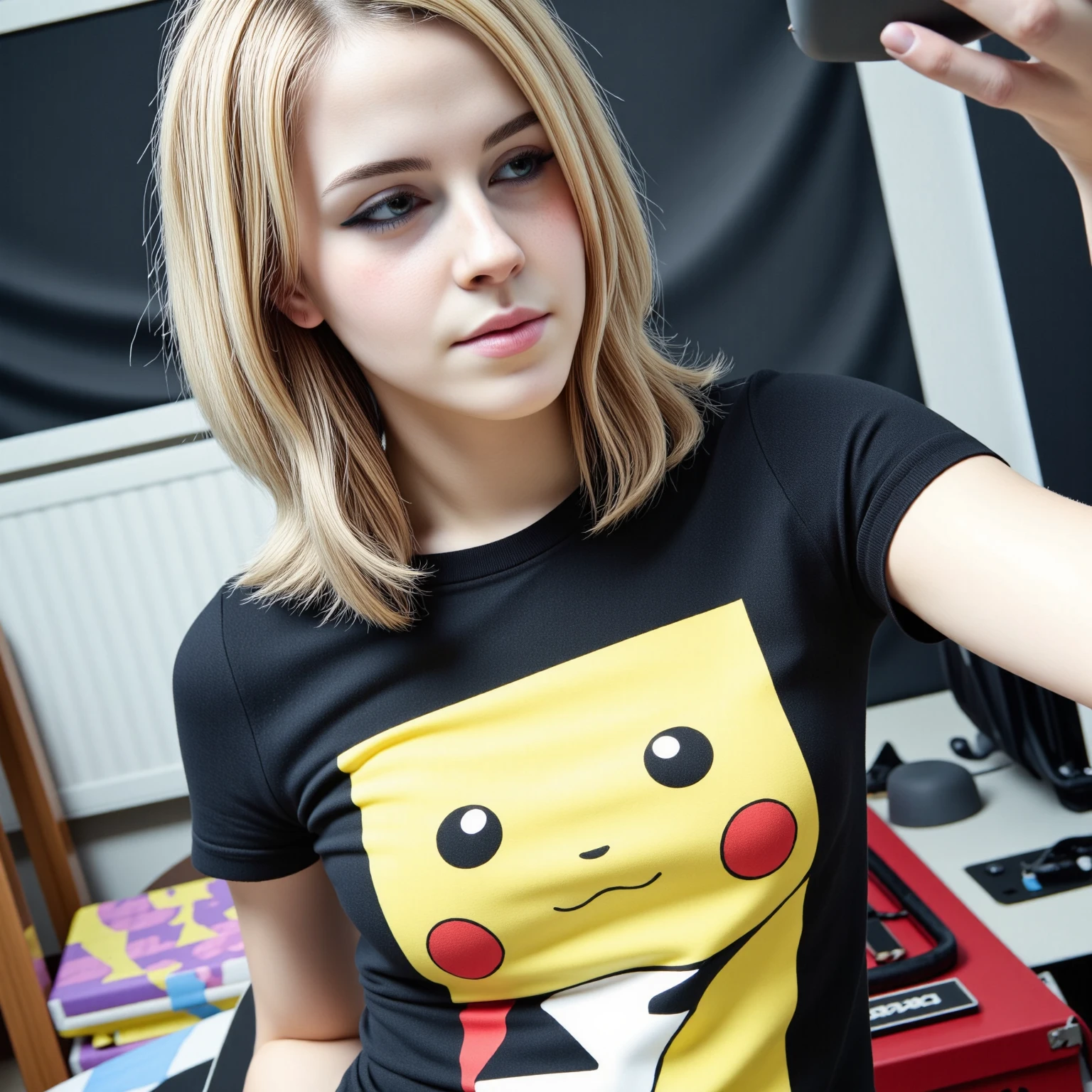 amateurish photo, s3lfi3, low lighting, overexposed, eerie atmosphere, smeared background, slim small breasted emo emma watson, 20yo,  close-up, pikachu t-shirt, (graphic t-shirt with stretched graphic, tight t-shirt), photorealistic, low-angle selfie photograph, natural complexion, dark brown eyes, blonde emo hairstyle with blue streaks, heavy eyeliner, Messy room, Mirror selfie, holding cellphone