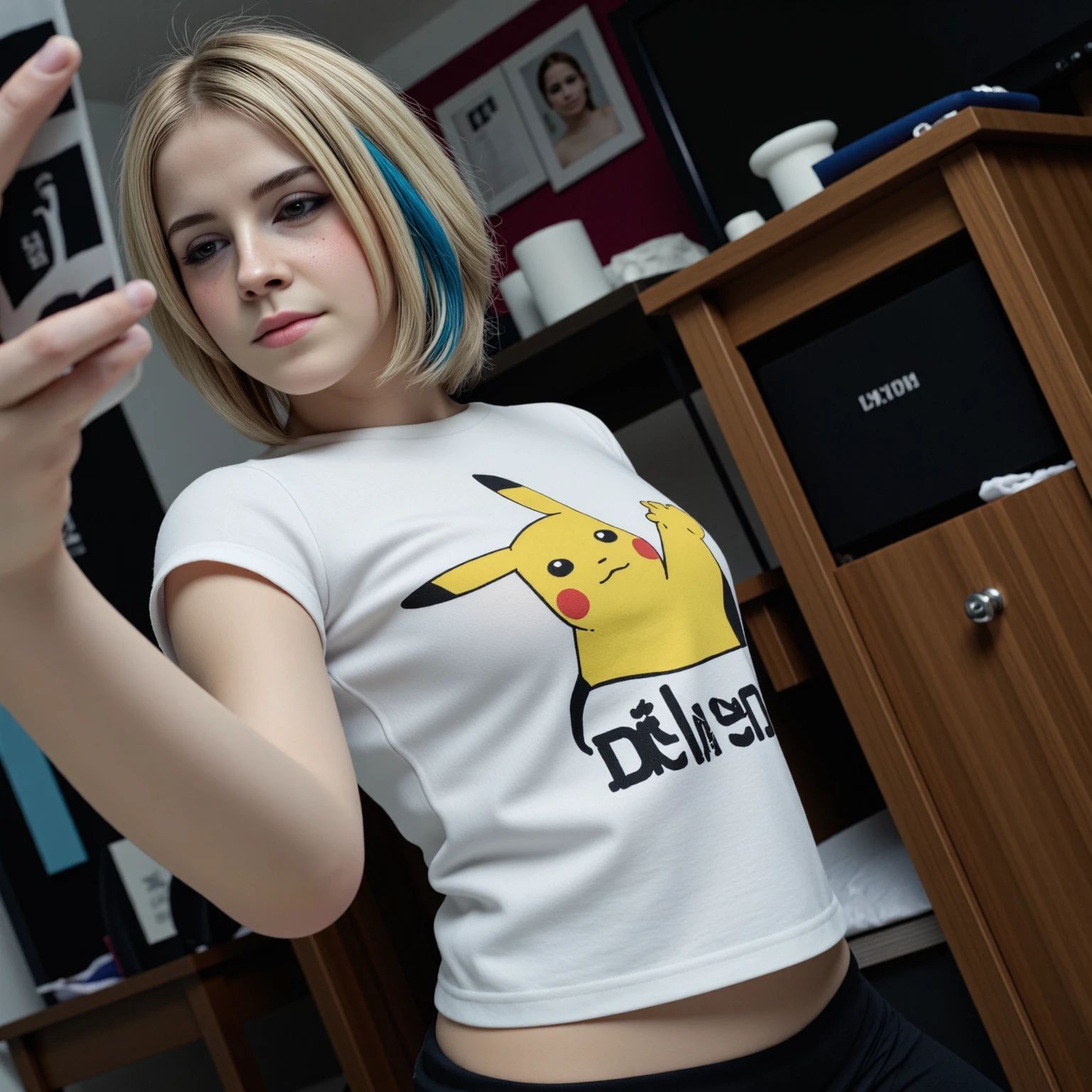 amateurish photo, s3lfi3, low lighting, overexposed, eerie atmosphere, smeared background, slim small breasted emo emma watson, 20yo,  close-up, pikachu t-shirt, (graphic t-shirt with stretched graphic, tight t-shirt), photorealistic, low-angle selfie photograph, natural complexion, dark brown eyes, blonde emo hairstyle with blue streaks, heavy eyeliner, Messy room, Mirror selfie, holding cellphone