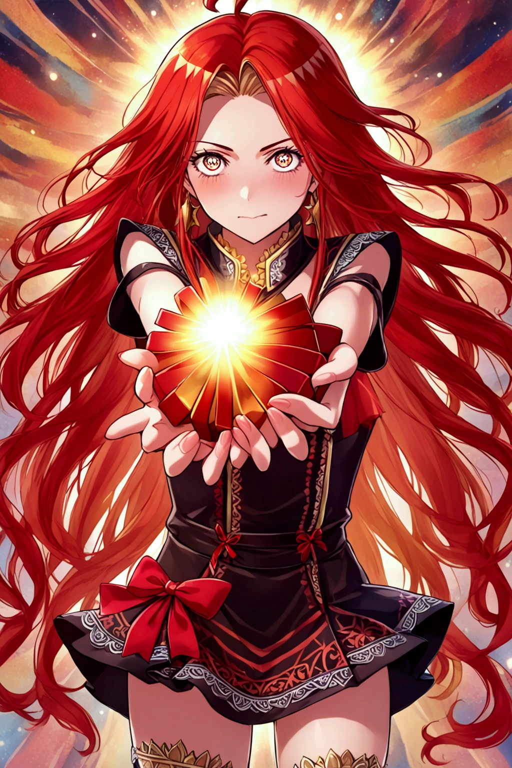 Woman , long red hair , detailed eyes,  embarrassed face , (give a gift) , short dress ,((anime style)),  ((detailed hands))