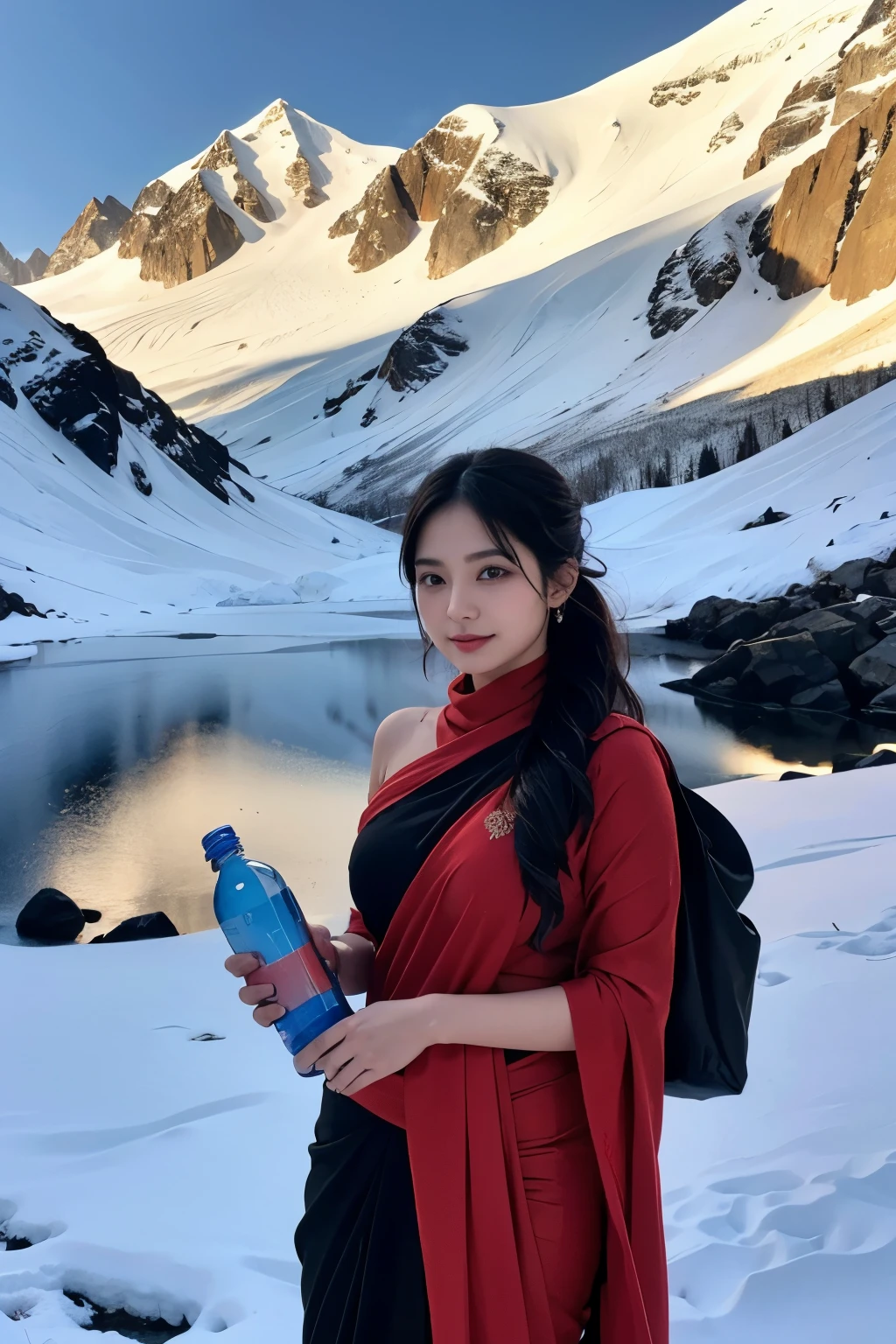 Girl wearing black and red saree with water bottle in right hand and blue bag in left hand with snow mountain in the background 