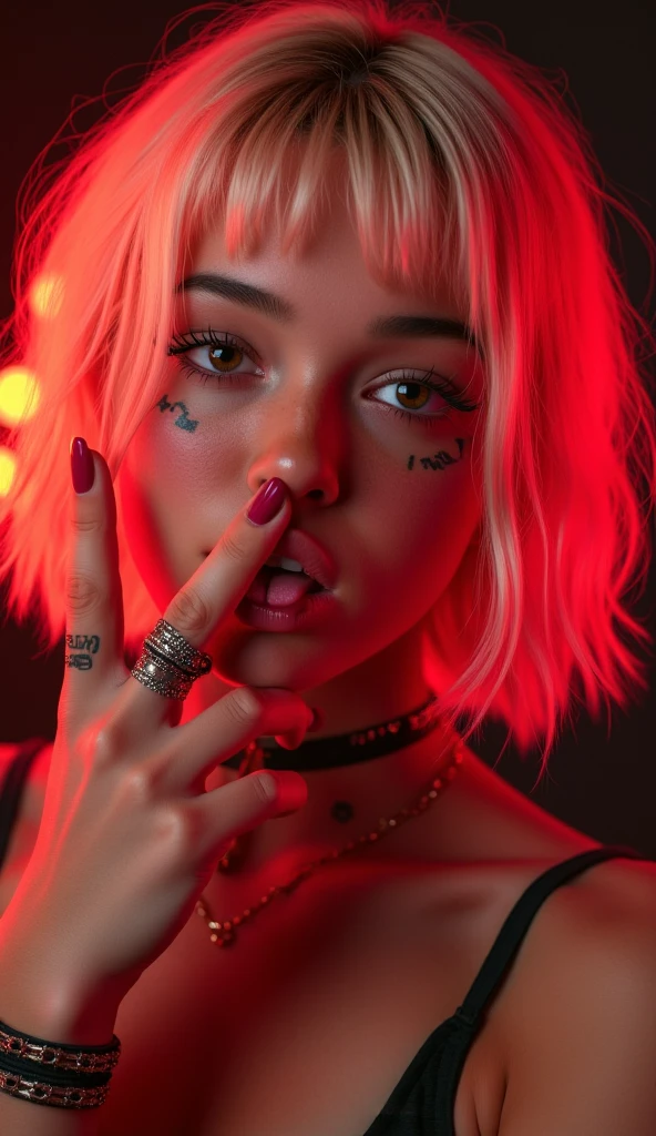 a **** lesbian babe with short blonde shaggy bob hairstyle, tattoos, punk, beautiful detailed eyes, beautiful detailed lips, extremely detailed eyes and face, long eyelashes, taunting the viewer with v-sign fingers and her tongue mimicking cunnilingus:1.2, highly detailed, 8k, photorealistic, masterpiece, vivid colors, dramatic lighting, provocative, sensual, erotic, livvy dunne