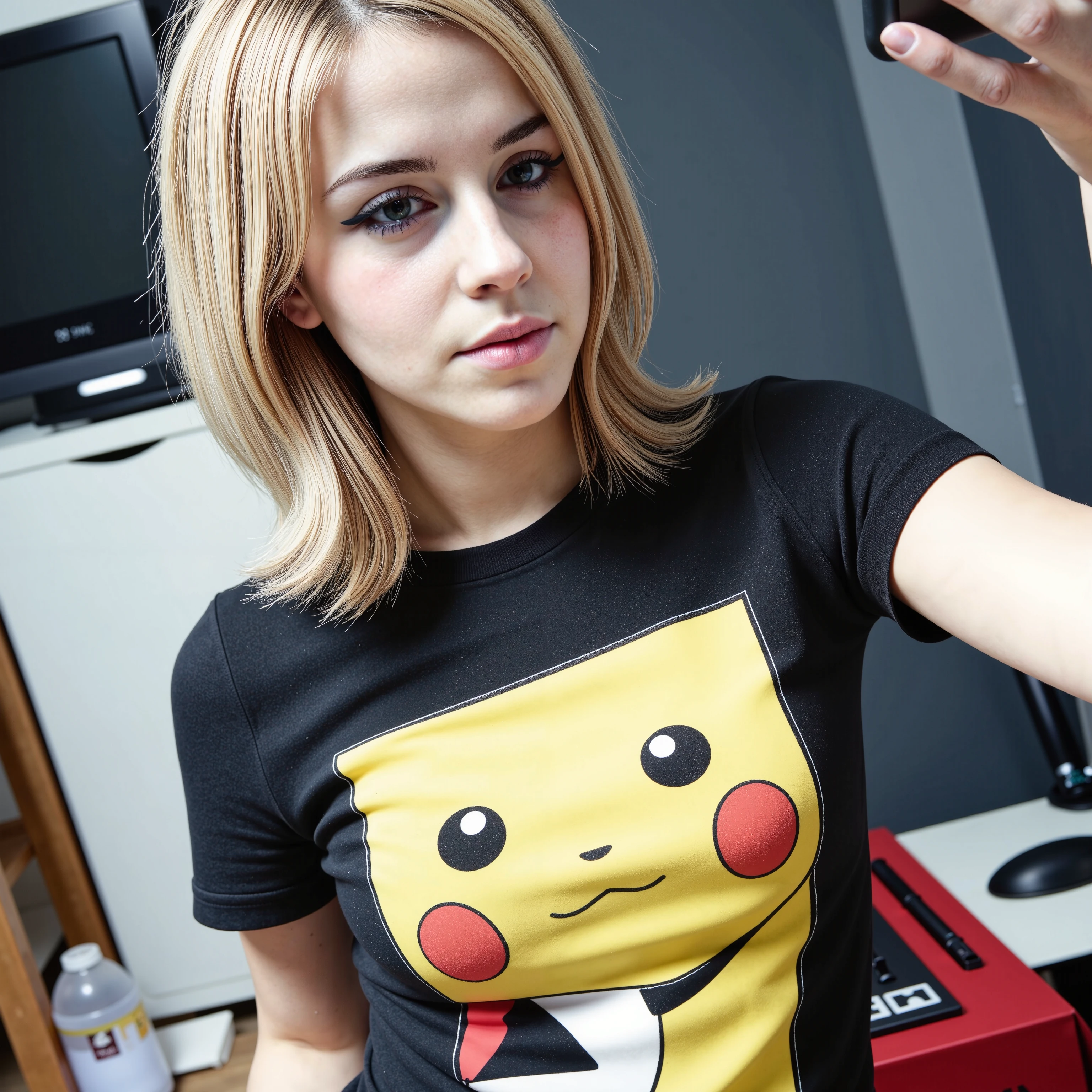 amateurish photo, s3lfi3, low lighting, overexposed, eerie atmosphere, smeared background, small breasted emo emma watson, 20yo,  close-up, pikachu t-shirt, (graphic t-shirt with stretched graphic, tight t-shirt), photorealistic, low-angle selfie photograph, natural complexion, dark brown eyes, blonde emo hairstyle with blue streaks, heavy eyeliner, Messy room, Mirror selfie, holding cellphone