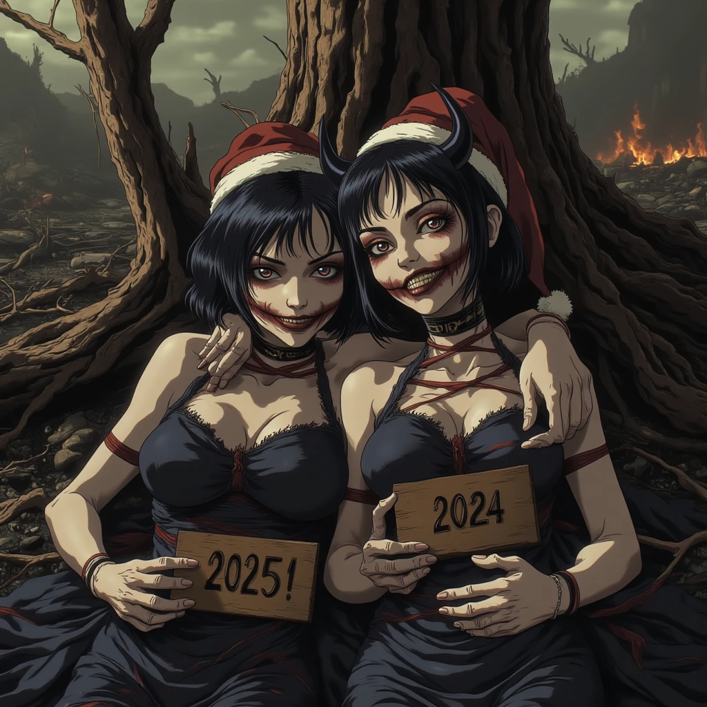 new year burned tree , apocalypse , end of world , A cinematic ultra realitic photo of Two cute goth aliens girl in dark gothic lying under new year burned tree, ((Skinny anorexic bodys)), with gags in mouth , rope bound ,bondage , , . Hairstyles: short dark hair . Santa hats has devil black horns on there heads. Squished together, lying under new year burned tree arms around the shoulder of her white girlfriend . ((the girl on the left is holding i paper sign with the text "2025!" the right 2024 )), horrific creep smiling and laughing ,smiling jester sharp teeth, chokers , pretty
