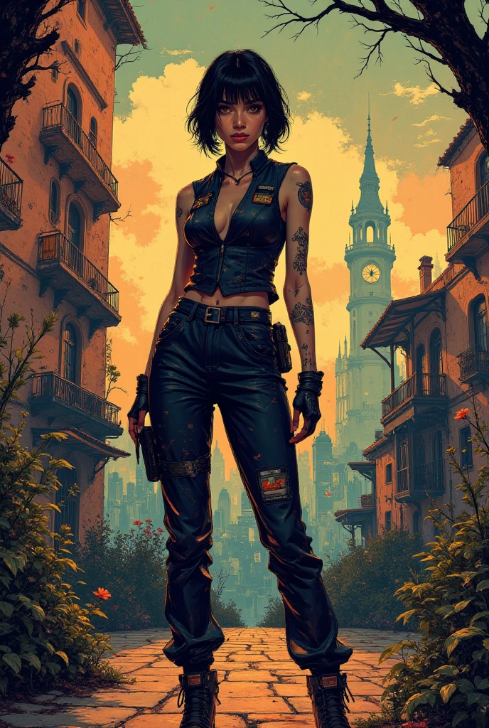 Illustration of rebel dark bob hair princess cyborg dressing a cyber cargo pants and halter neck vest with futuristic gadgets, dystopian spanish house courtyard, punk caricature character with fantasy elements, bold lines, vibrant colors, dramatic shading with delicate, dreamlike details