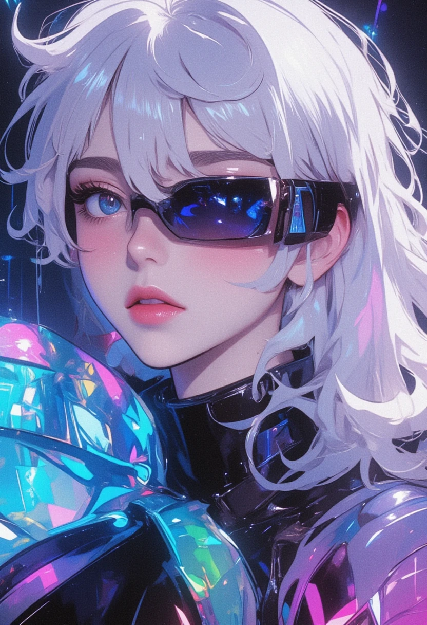 worldview of iridescent pure white, illustration art, cool beauty, sunglasses, shining glossy silky messy half updo, vivid and seductive expression, transparent, ultra detailed, absolutely resolution, masterpiece