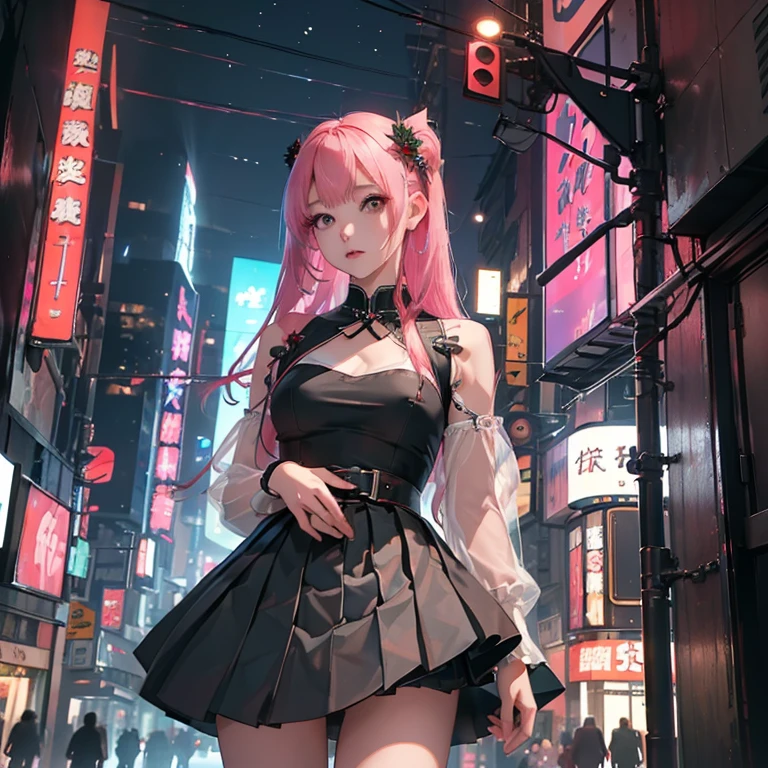 (( top quality )), ((傑 top quality 、masterpiece、High sensitivity、         High Definition       、     detailed description     、 delicate face )),    Slender Woman、Glass、     Christmas、     miniskirt 、     cyberpunk、 Hair color:   pink 、On the chest（myo）  character,
