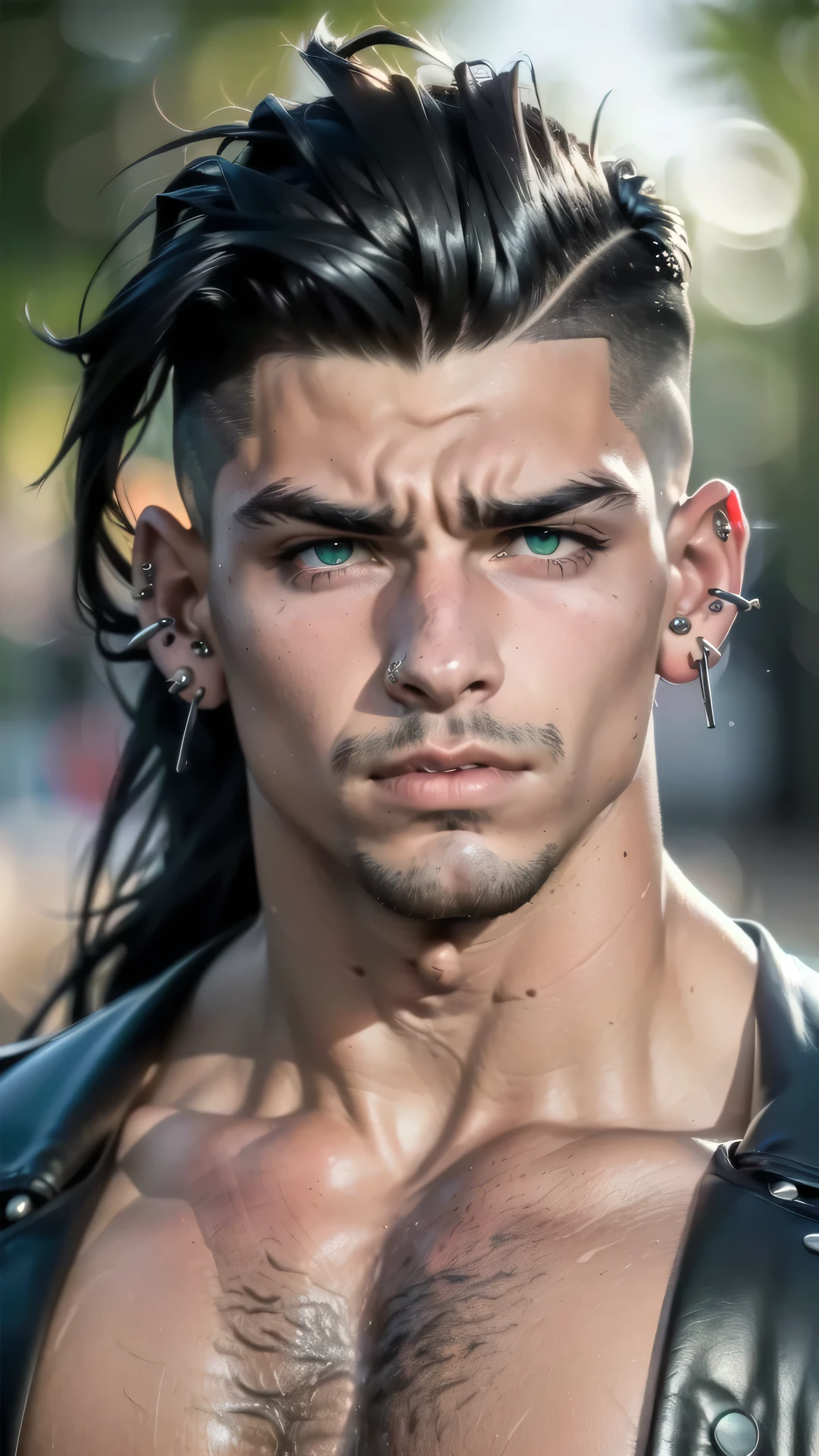 "(((solo, alone))), ((hairy chest)), ((((shirtless)))), (((blushing cheeks and nose bridge 1.5))), ((highly detailed, detailed eyes), detailed face, clear and realistic facial features, photorealistic, vibrant light)), (1 man), ((((vibrant background)))), (((gorgeous athletic punk tough bully male))), ((18-year-old age male)), ((((glaring expression)))), ((intimidating mood)), ((blue-green eyes)), ((long black hair with a undercut)), (((dressed in black and leather))), ((multiple metal ear piercings)), ((red tint in hair))."