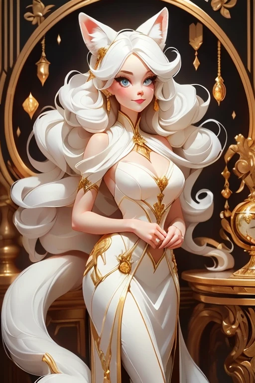 Perfect face. Perfect hands. A white haired woman with copper eyes and an hourglass figure with white fox ears and a white fox tail in a golden ballgown is smiling while leaning against a wall in a Gothic ballroom