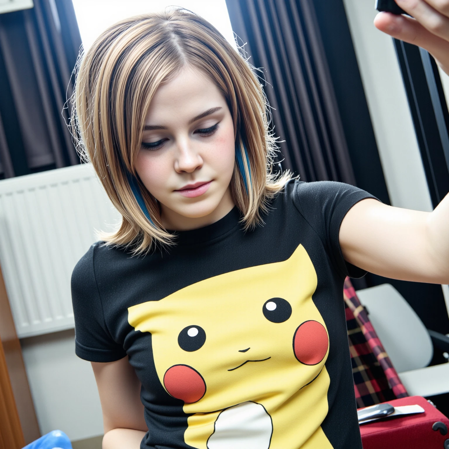 amateurish photo, s3lfi3, low lighting, overexposed, eerie atmosphere, smeared background, very young small breasted emo emma watson hermione granger, yo,  close-up, pikachu t-shirt, (graphic t-shirt with stretched graphic, tight t-shirt), photorealistic, low-angle selfie photograph, natural complexion, dark brown eyes, blonde emo hairstyle with blue streaks, heavy eyeliner, Messy room, Mirror selfie, holding cellphone