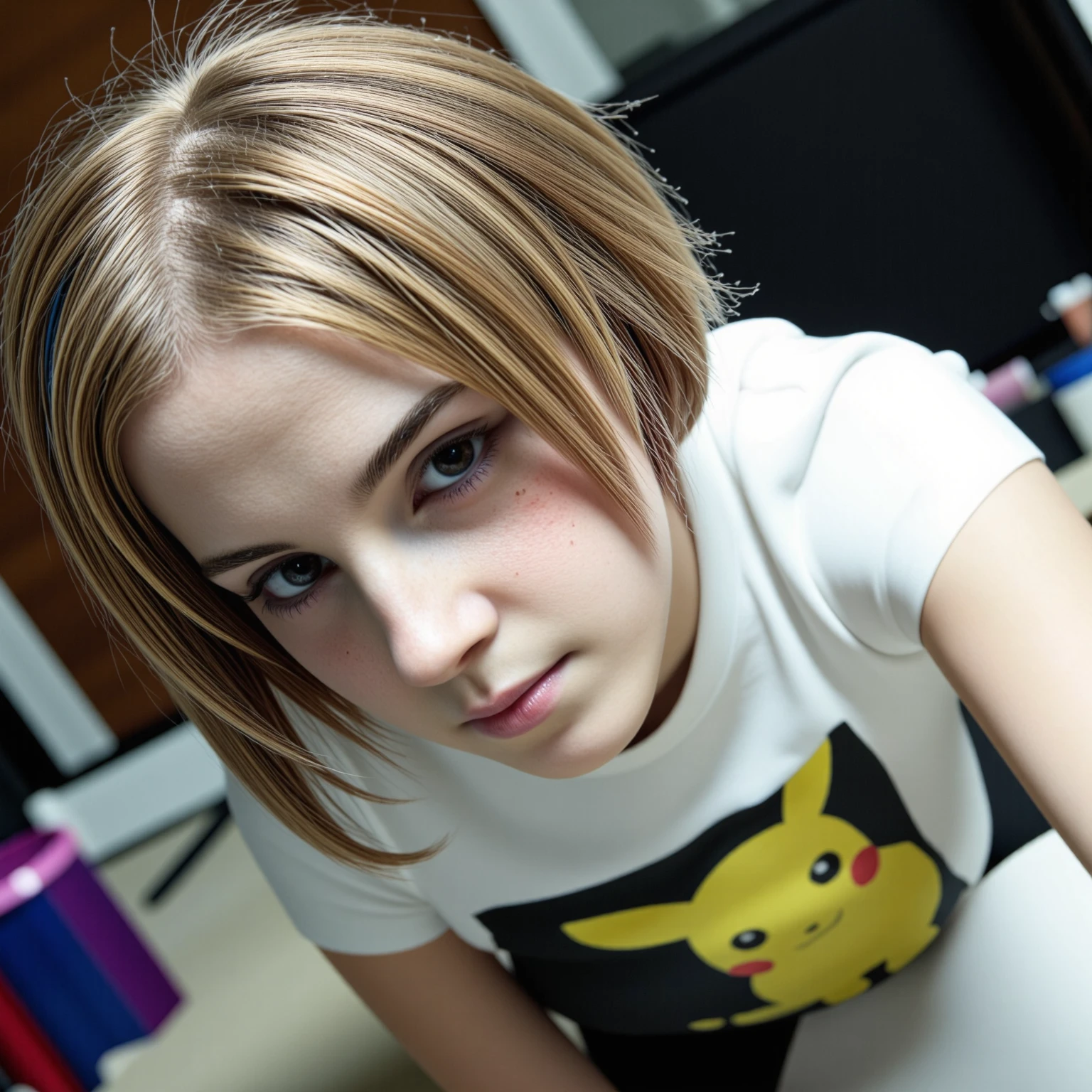 amateurish photo, s3lfi3, low lighting, overexposed, eerie atmosphere, smeared background, very young small breasted emo emma watson hermione granger, 16yo,  close-up, pikachu t-shirt, (graphic t-shirt with stretched graphic, tight t-shirt), photorealistic, low-angle selfie photograph, natural complexion, dark brown eyes, blonde emo hairstyle with blue streaks, heavy eyeliner, Messy room, Mirror selfie, holding cellphone