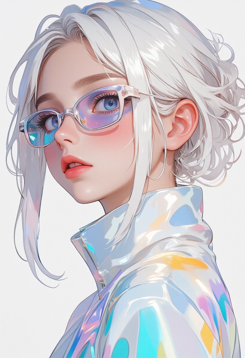 worldview of iridescent pure white, illustration art, cool beauty, sunglasses, shining glossy silky messy half updo, vivid and seductive expression, transparent, ultra detailed, absolutely resolution, masterpiece