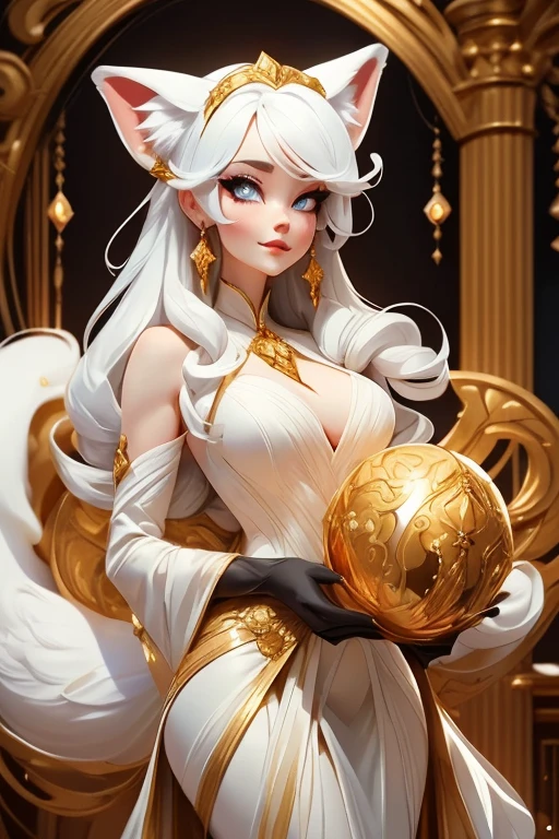 Perfect face. Perfect hands. A white haired woman with copper eyes and an hourglass figure with white fox ears and a white fox tail in a golden ballgown is smiling while holding a fan in a Gothic ballroom