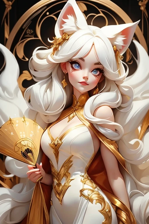 Perfect face. Perfect hands. A white haired woman with copper eyes and an hourglass figure with white fox ears and a white fox tail in a golden ballgown is smiling while holding a fan in a Gothic ballroom