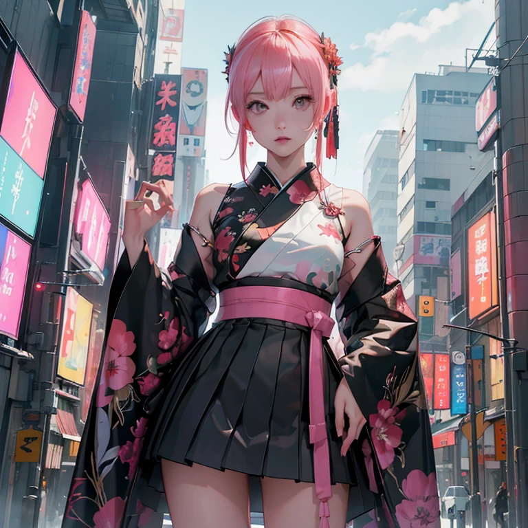 (( top quality )), ((傑 top quality 、masterpiece、High sensitivity、           high definition         、      detailed description      、 delicate face )),     Slender Woman、Glass、 New Year、     miniskirt kimono、      cyberpunk、 Hair color:    pink 、On the chest（myo）    characters,
