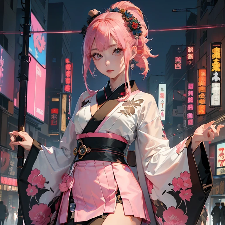 (( top quality )), ((傑 top quality 、masterpiece、High sensitivity、           high definition         、      detailed description      、 delicate face )),     Slender Woman、Glass、 New Year、     miniskirt kimono、      cyberpunk、 Hair color:    pink 、On the chest（myo）    characters,
