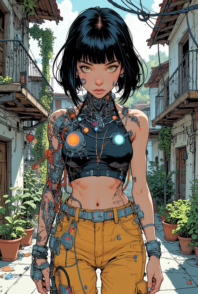 Illustration of rebel dark bob hair princess cyborg dressing a cyber cargo pants and halter neck vest with futuristic gadgets, dystopian spanish house courtyard, punk caricature character with fantasy elements, bold lines, vibrant colors, dramatic shading with delicate, dreamlike details
