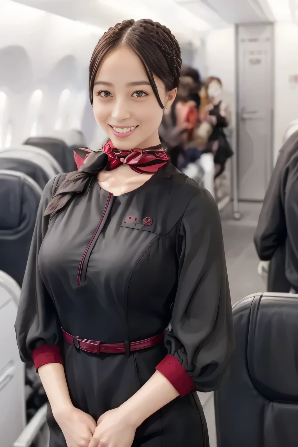 (masterpiece:1.2,  top quality :1.2), 32kHDR,  high definition  , (Alone、  1 girl)、（ on board）、In-flight background、（  wearing a JAL flightattendant uniform  ）、（（ short sleeve jumper skirt in a JAL flightattendant uniform {x} JAL flightattendant uniform 、Red belt wrapped around the waist  、 Scarf around the neck ））、  dark brown hair  、（  Super Long Hair Wrap Hair、Braid Wrap Up Hair ）、 、 long hit 、Big Breasts、Thin legs、（（ amazing hands：2.0）），（（ harmonious body proportions ：1.5）），（（Normal limbs：2.0）），（（Usually ：2.0）），（（ Delicate eyes：2.0）），（（Normal eyes：2.0））)、smile、（ beautiful standing figure wearing a JAL flightattendant uniform  ）、Hands folded under the body 