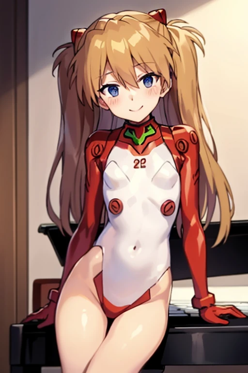 (( top quality )), ((masterpiece)), (be familiar with), perfect face, indoor, bedroom,  viewers because it's Shiragane in the middle of winter,
One woman,  Soryu Asuka Langley ,
開いた口,  ecstatic expression beside the piano, blush, smile,
 small tits,  flat chest, Young girl, Lori,  s,  girl,
 long hair,  twin tails,
Leg spread,