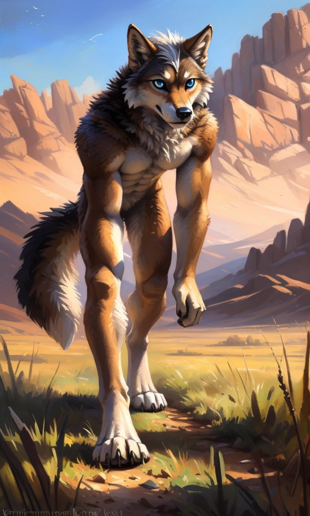 ((Solo)), male people, anthro wolf, (Multi-colored fur, White-brown:1.3，White tail pointed), (Height 2.1m,Tail length 1.5m), ((Wolf face, Big eyes, White eyelids, Blue pupil, Slim:1.2) (Tough, Calm expression:1.2)), Abs, Slim, pinging)), (Correct anatomy), Naked all over the body,A long big tail，Feet，(Realistic fur, Detailed fur texture, labeled:1.3)), (Natural lighting), Photorealistic, Hyperrealistic, ultradetailed, by Kenket，Endless grasslands，No artifacts