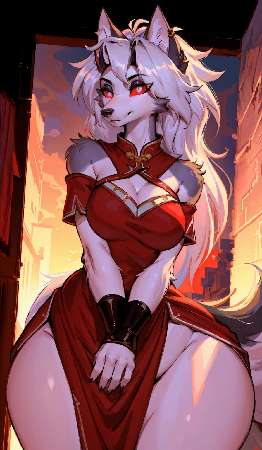 best quality,amazing,masterpiece,beautifully,super detailed,ultra high resolution,intricate details,Beautiful and detailed,detailed,8k resolution,(edge lighting),sharp focus,high contrast,red eyes,hairy,wolf girl,furry wolf girl, red clothes,cheongsam,flowing gauze, jewelry, Reasonable structure,Thick thighs,Luna,delicate eyes