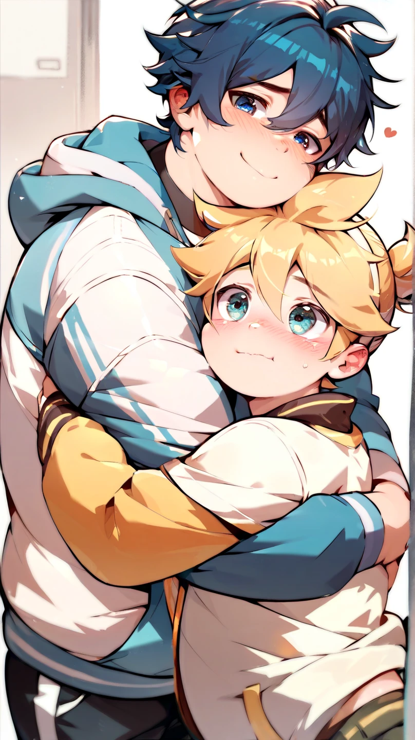  2boys, (yaoi couple), (male ren), (duo focus), hugging each other, Break, Kagamine Len, cute, hoodie, chubby body, face blushed, embarrassed smile, Break, blue hair color, baseball jacket, round cheek